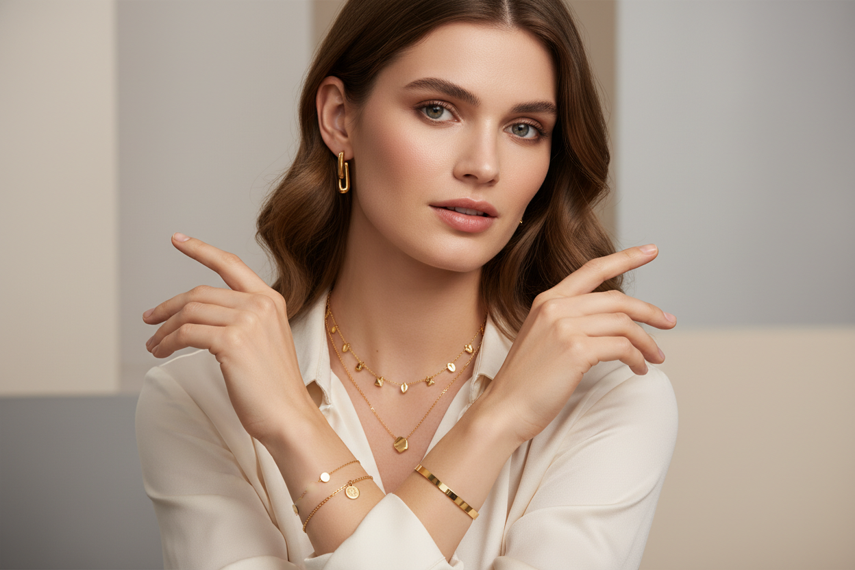 Image: in golden colour” with a lifestyle photo of your jewellery in stainless steel golden colour on a decent model.